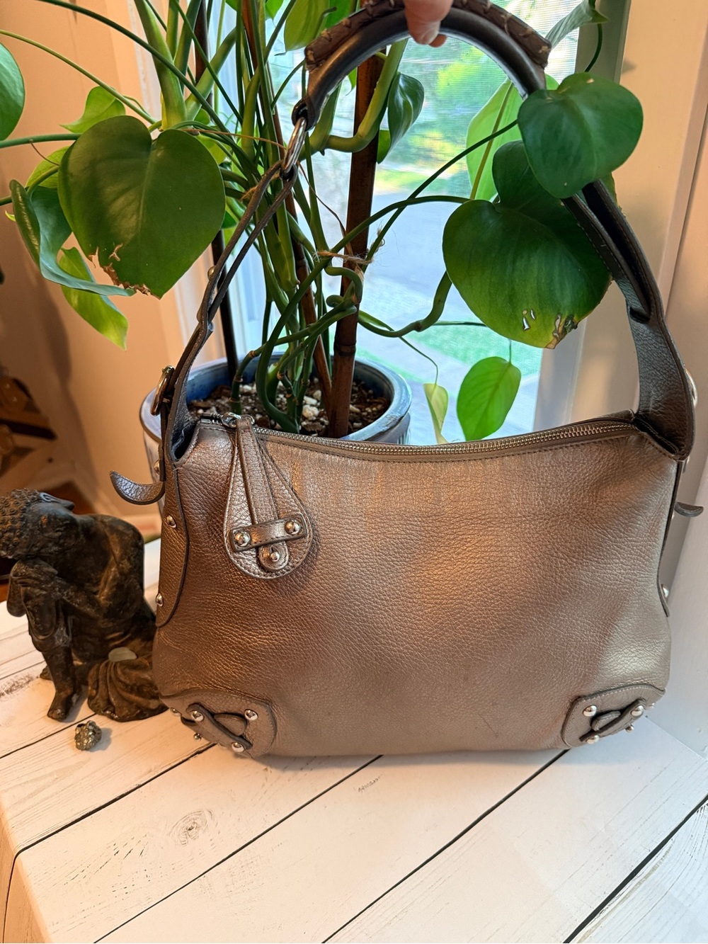 Furla | Vintage Metallic Taupe Pebbled Leather Hobo Shoulder Bag